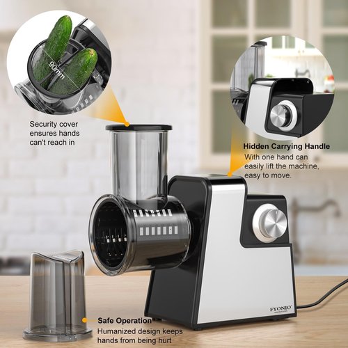 FYONIO Electric Cheese Grater, 5 in 1 Salad Maker with Stainless Steel Blades, 250W Electric Food Slicer & Shredder, Electric Salad Machine for Cheeses, Fruits, Potatoes, Carrots