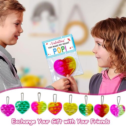 JUNQIU 30 Pack Valentines Day Gifts For Kids Classroom, Heart Pop It Keychain Bulk, Fidget Valentine For Toddler Class, Valentines Day Cards For Kids School Exchange
