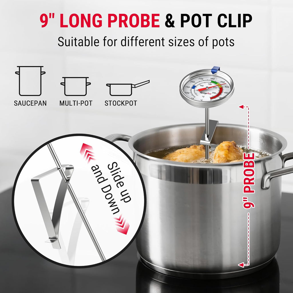 TempPro Candy Thermometer - 9" Long Probe with Pot Clip for Frying, Chocolate & Baking