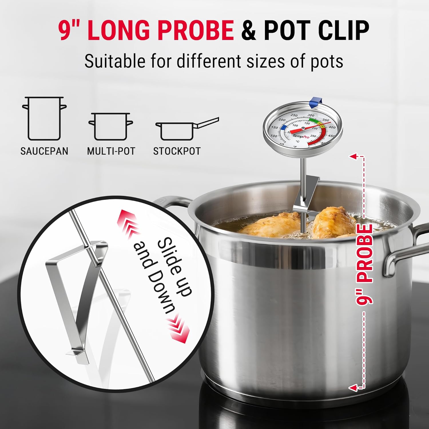 TempPro Candy Thermometer - 9" Long Probe with Pot Clip for Frying, Chocolate & Baking
