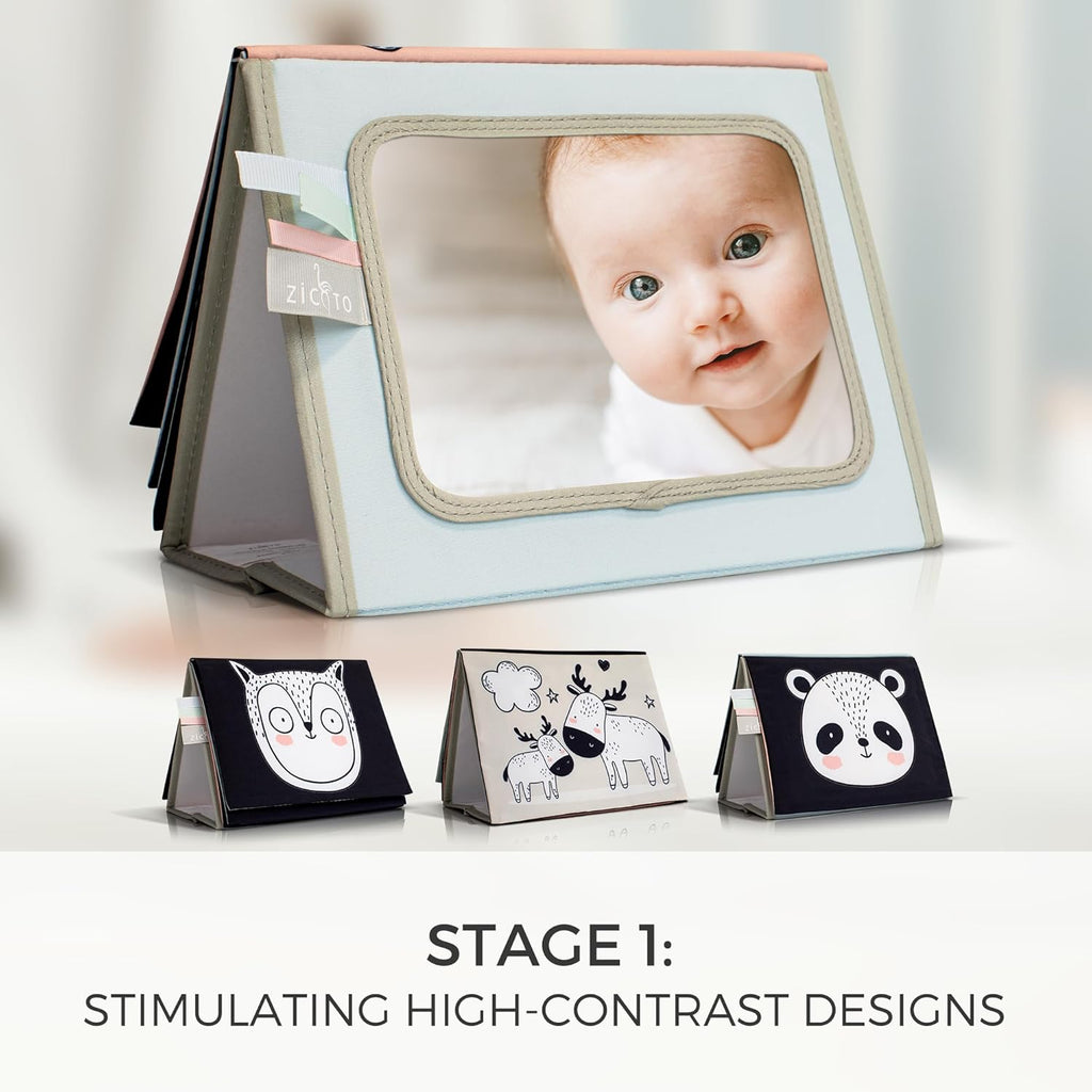 Skiennix Soft Tummy Time Book - High Contrast Montessori Toy with Baby Safe Mirror & Crinkle Filling | Ideal for Newborn Development