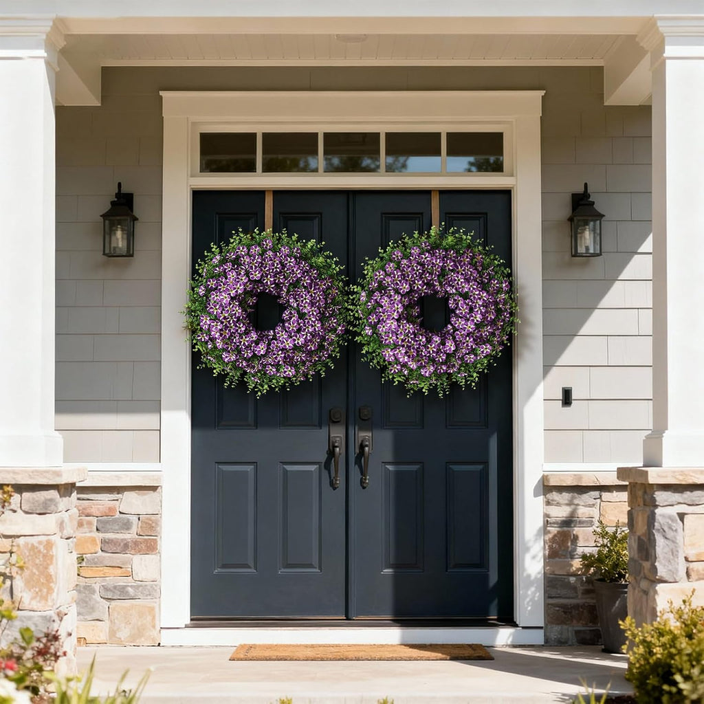 Skiennix 26" Large Artificial Eucalyptus Wreath - Realistic Faux Silk Morning Glory Flowers in Purple for Home, Farmhouse & Wedding Decor