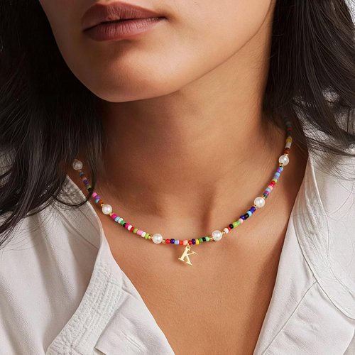 M MOOHAM Colorful Initial Necklace - Beaded Pearl Choker Jewelry for Kids, Teens & Women