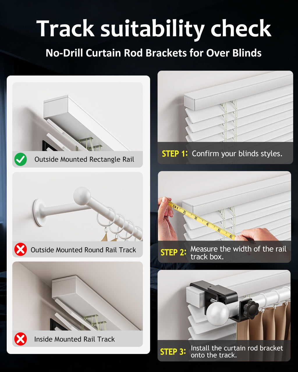 Over Blinds Curtain Rod Brackets for Outside Mounted, No-Drill Blinds Curtain Rod Holders for 1.3-2" Rectangular Headrails, Tool-Free & No Wall Damage, Apartment & Renter Friendly (Set of 3, Black)