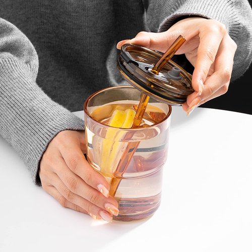 BLUEPOLAR 13 oz Tumbler Water Glass, Water Bottle with Straw and Dustproof Lid, Coffee Ice Cup Double Wall Insulated Glass Cup (Amber-4pack)