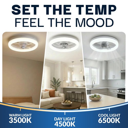 CannonX 14” Low Profile Fandelier Ceiling Fans with Lights and Remote, Flush Mount Light Fixture Chandelier Fan for Bedroom, Kitchen, Reversible Motor with 6 Speeds, 3 CCT 3500K-5500K - White