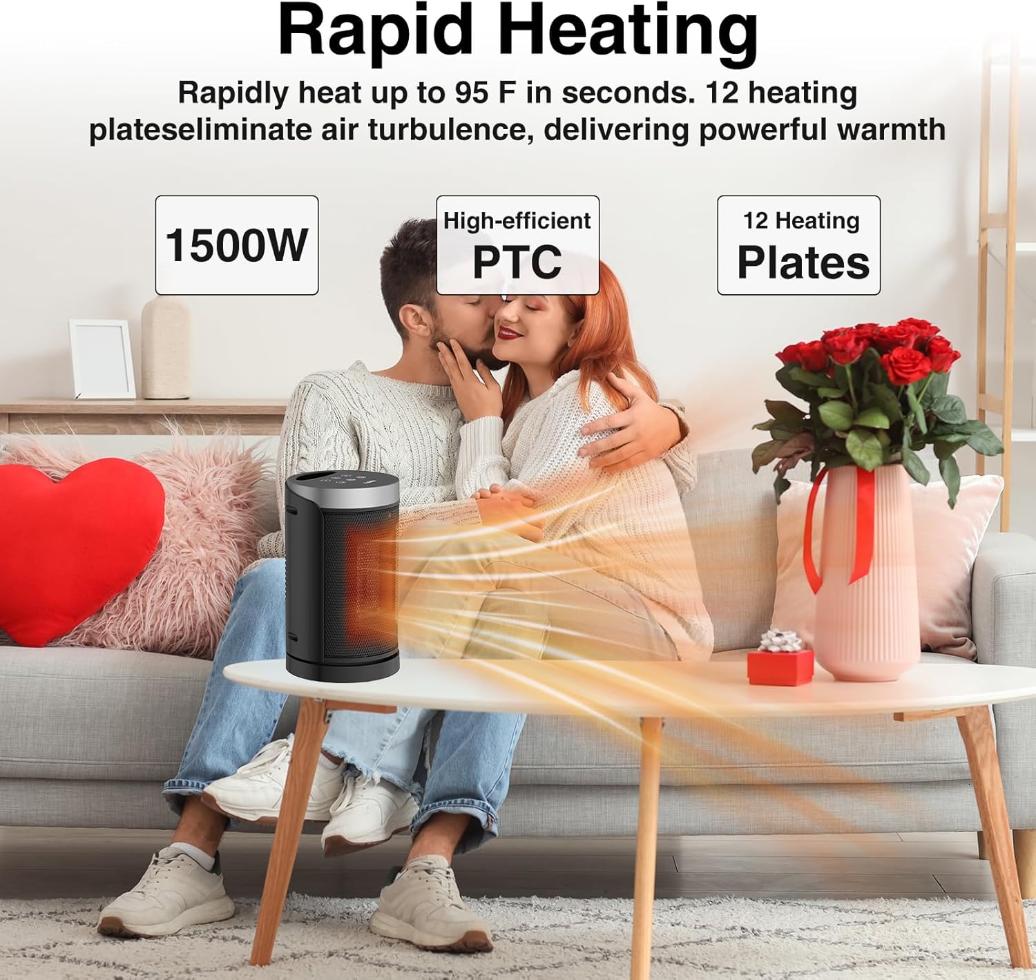 WINHL Portable Electric Space Heater - 1500W PTC Ceramic with Thermostat & Remote | 70° Oscillation, 12H Timer