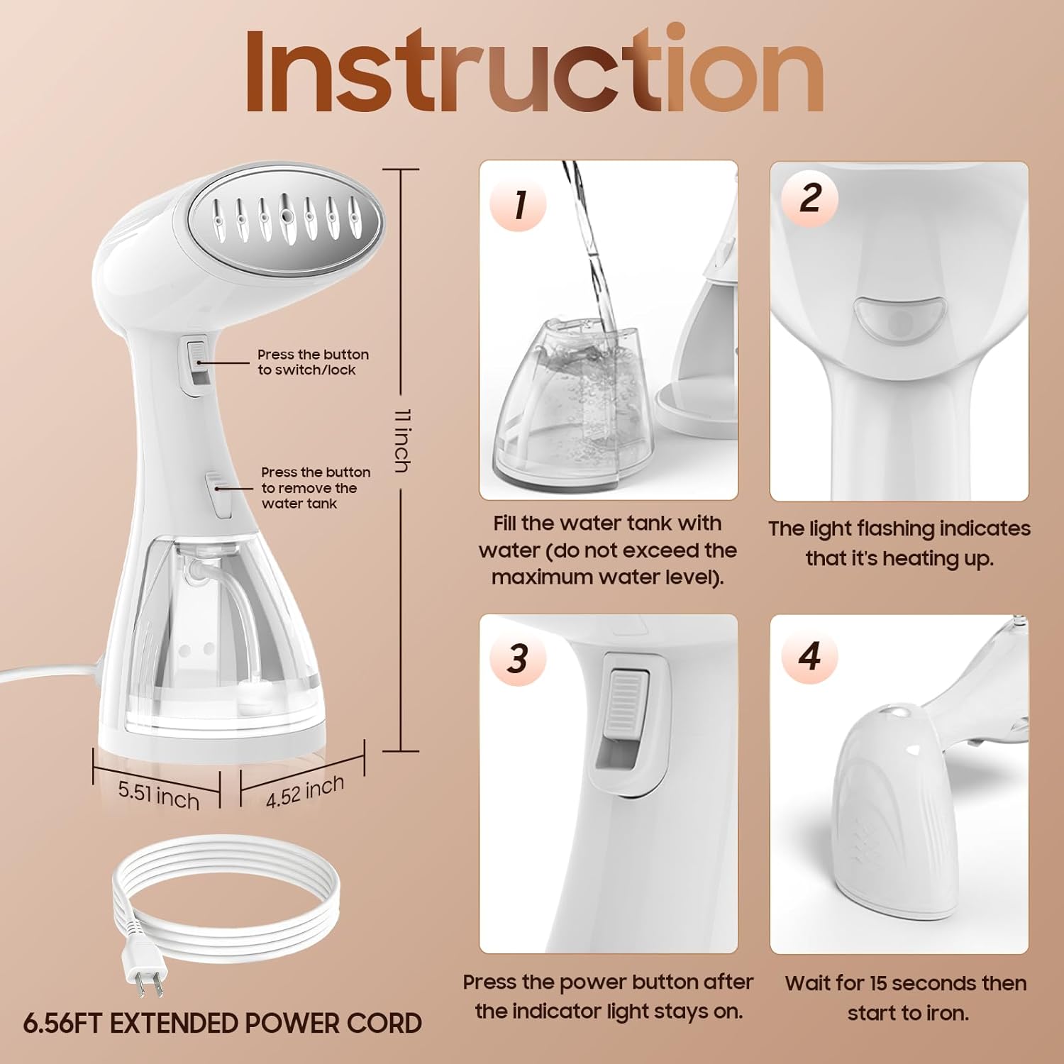 Skiennix Portable Handheld Clothes Steamer - 1350W Rapid Heating, Large-Capacity Wrinkle Remover for Travel