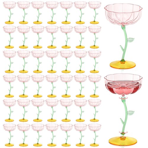 HKSZEH 48 Pcs Pink Plastic Ribbed Coupe Glasses Detachable 7oz Flower Cocktail Glasses Modern Wavy Plastic Cocktail Coupes Disposable Martini Glasses Mimosa Glassware champagne goblets (48, PInk)