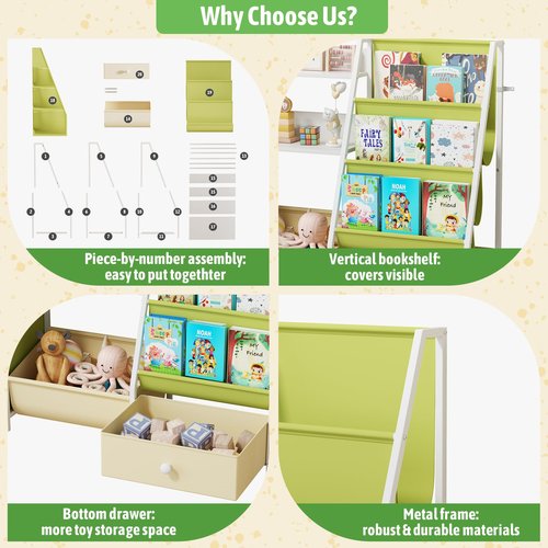 Kids Bookshelf and Toy Organizer, 3 Tier Sling Book Shelf with Movable Bins, Toddler Montessori Bookcase for Kids Rooms, Playroom Storage Book Shelves for Nursery,Classroom, Kindergarten, Green