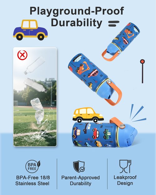 Kids Water Bottle 14oz with Silicone Straw Lid - Insulated Toddler Water Bottle Stainless Steel Keeps Cold 24H, Leak Proof & Cars Trucks Prints Design | Custom Name Tag for School, Daycare, Travel