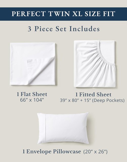 LANE LINEN 100% Organic Cotton Twin XL Sheets Set - Soft, Breathable 3-Piece White Percale Bedding