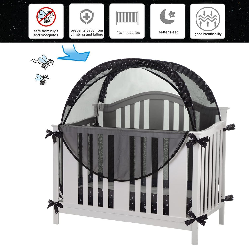 ZXPLO Safety Pop Up Crib Tent Cover to Keep Toddler from Climbing Out - Baby Bed Star Net Canopy with Mesh Organizer