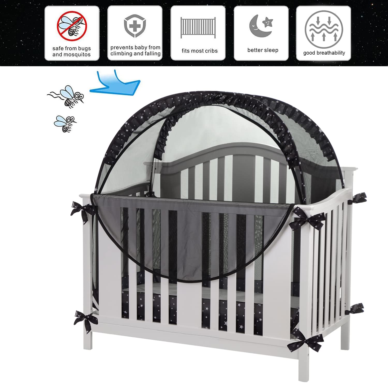 ZXPLO Safety Pop Up Crib Tent Cover to Keep Toddler from Climbing Out - Baby Bed Star Net Canopy with Mesh Organizer