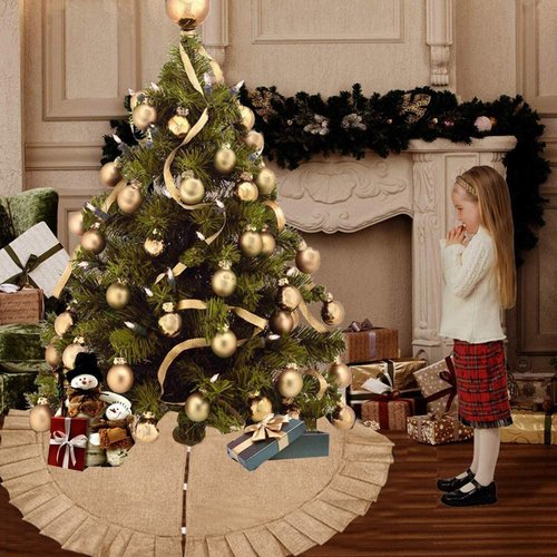 Medoore Christmas Tree Skirt Linen Burlap Tree Skirt with Ruffled Border Rustic Christmas Burlap Tree Skrit for Christmas Tree Holiday Decorations, 47 Inches
