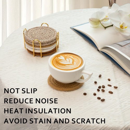 OIAHOMY 8 Pcs Coasters with Holder for Beer, Coffee, Woven Cotton Coaster Set for Table Decor for Kitchen, Bar, Dining Room, Living Room, Housewarming Gifts - Yellow