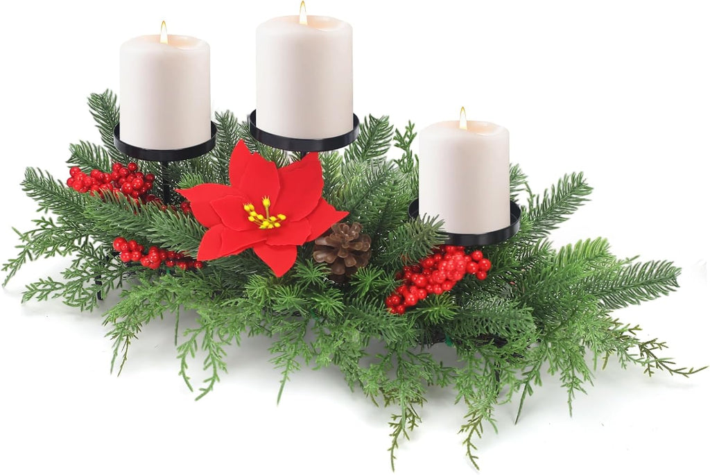 Regine Switzerland Christmas Advent Wreath Candle Holder - Festive Table Centerpiece with 3 Holders, Red Berries & Pinecones