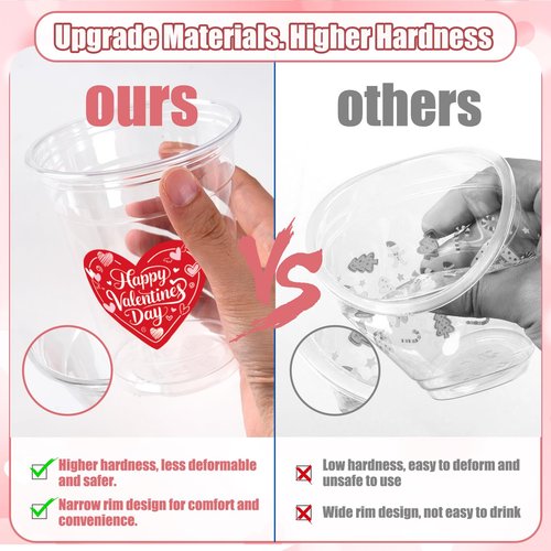 50Pcs Valentine's Day Party Decoration Cups, 12oz Pink Red Valentine's Day Heart Disposable Clear Plastic Cup for Valentines Day Birthday Wedding Drinkware Beverage Drinks Party Decor Supplies