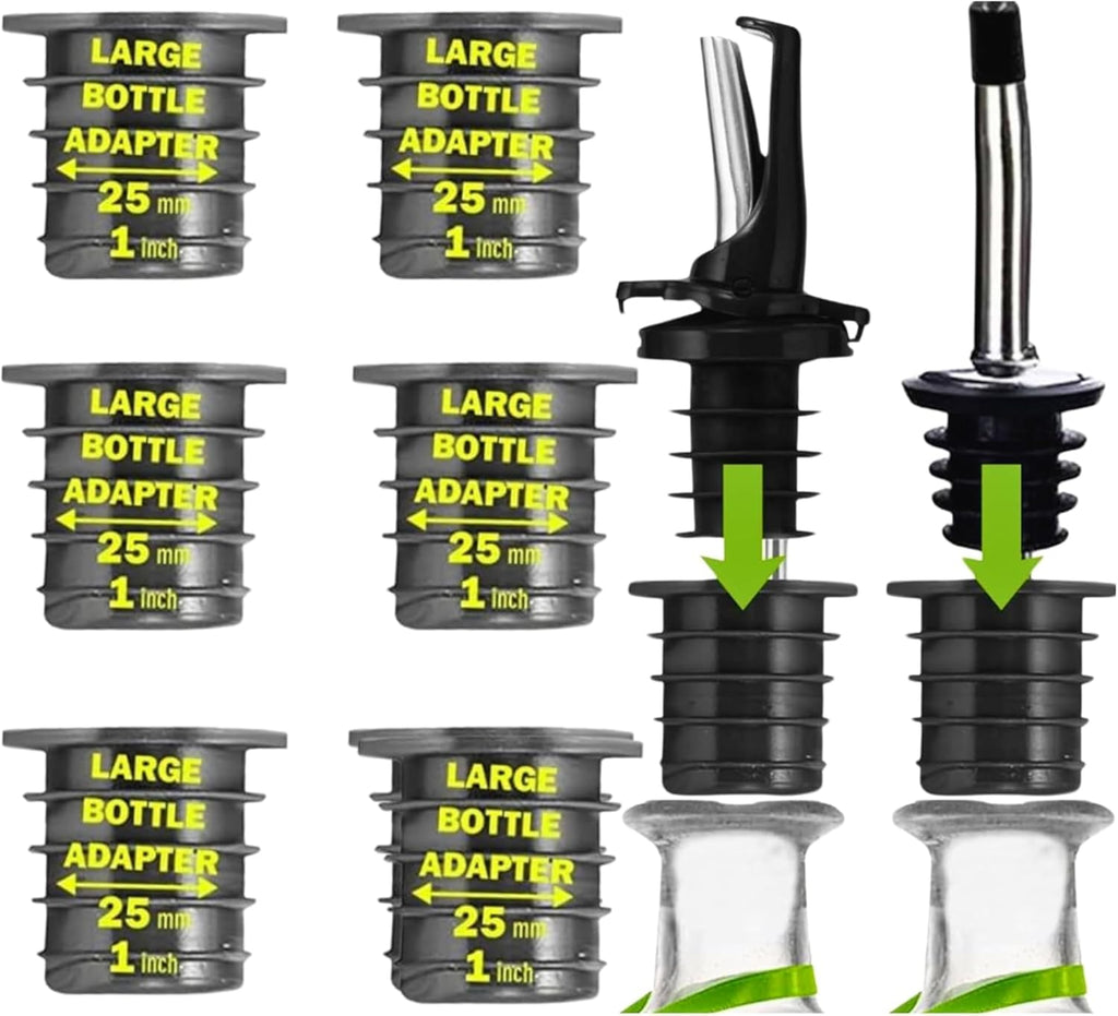 Poura Liquor Pourer Adapters 6 Pack – BPA-Free Natural Rubber – Fits Large Bottles up to 1 Inch Neck – Convert Oil or Liquor Pour Spouts – Secure Fit for XL Bottles – Black