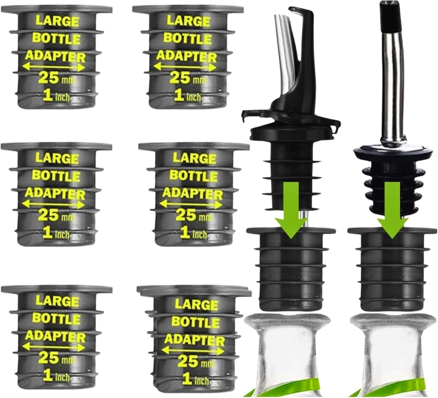 Poura Liquor Pourer Adapters 6 Pack – BPA-Free Natural Rubber – Fits Large Bottles up to 1 Inch Neck – Convert Oil or Liquor Pour Spouts – Secure Fit for XL Bottles – Black