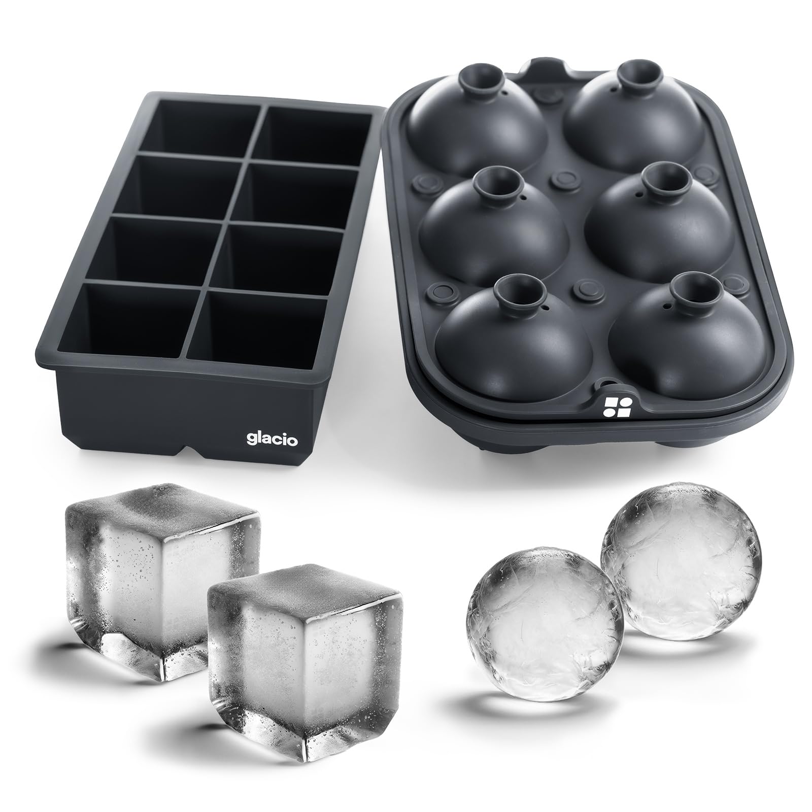 Ice Cube Molds – Large Silicone Ice & Sphere Mold Combo with Built-In Easy-Fill Funnel 2-Inch Round & Square Whiskey Ice Molds for Cocktails & Bourbon (Charcoal & 8 cube)
