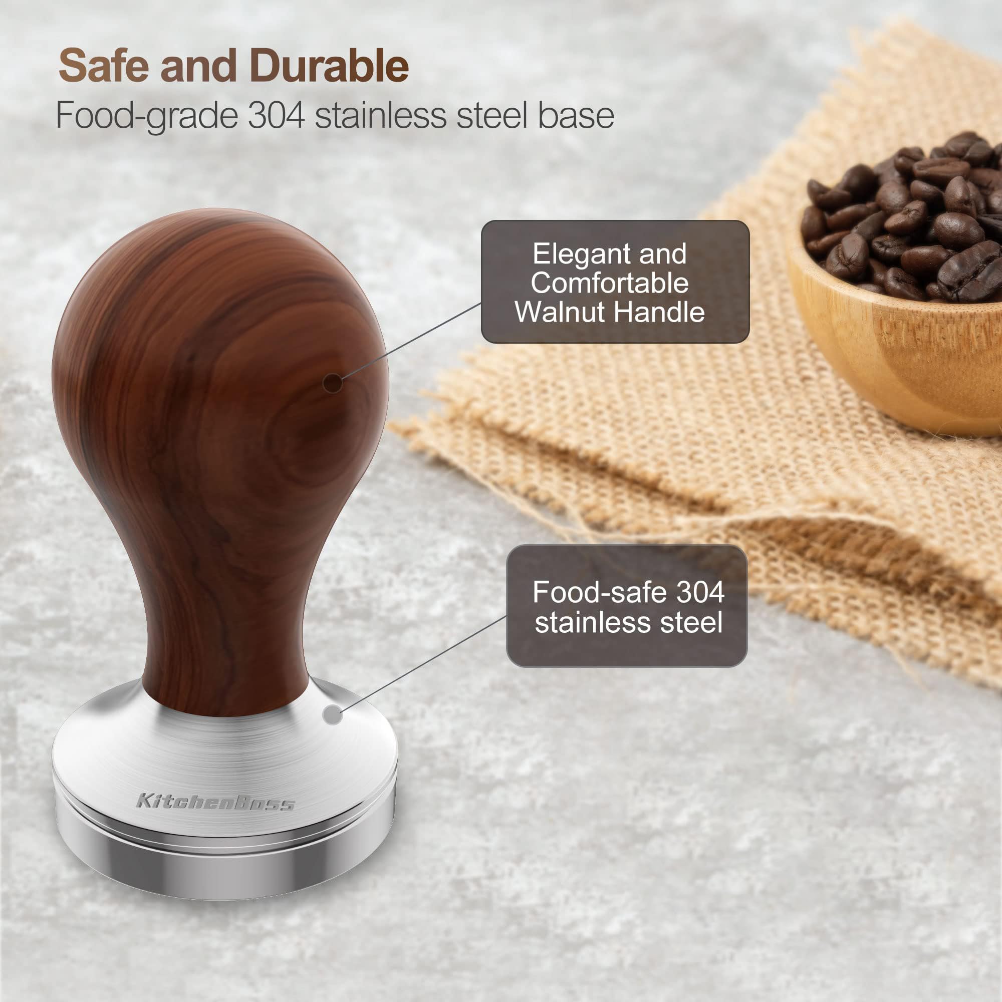 53mm Coffee Tamper: Espresso Tamper 53 MM With Walnut Handle, Weighted Espresso Tamper by KithchenBoss