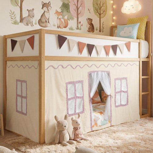 Breling 3 Panel Bunk Bed Curtains for Bottom Loft Bed Tent Set with Felt Flag Double-Layer Twin Bunk Curtains Playhouse Accessories for Boy Girl Bedroom(Cream)