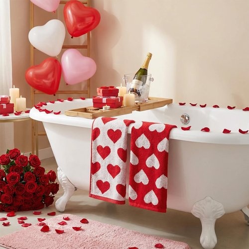 Sucrain 2Pcs Valentine’s Day Hand Towels Red White Hearts Cotton Bathroom Decorative Towels Set for Drying, Cleaning, Cooking, Holiday 13.8'' x 28.7''