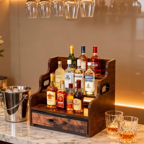 BoyTwimb Liquor Bottle Display Shelf 3 Floors with Drawers Countertop Wine Rack can Accommodate 12 Bottles and 36 K Cups, Minibar Coffee Syrup Storage Box, Whiskey