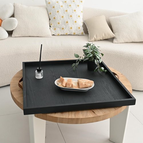 SwallowLiving 24 x 24 Inches Extra Large Square Wood Ottoman Tray with Leather Handles, Wooden Natural