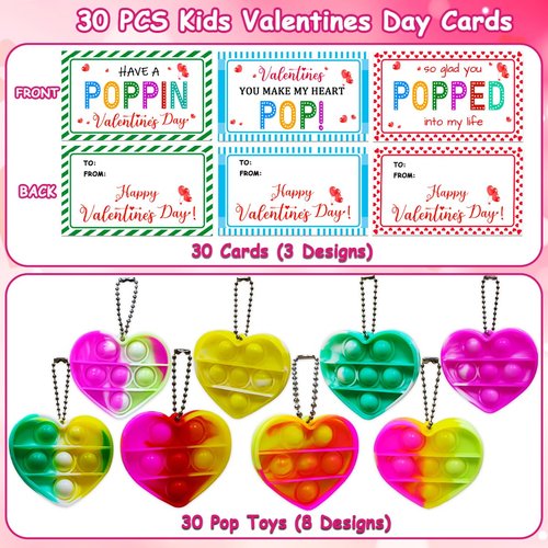 JUNQIU 30 Pack Valentines Day Gifts For Kids Classroom, Heart Pop It Keychain Bulk, Fidget Valentine For Toddler Class, Valentines Day Cards For Kids School Exchange