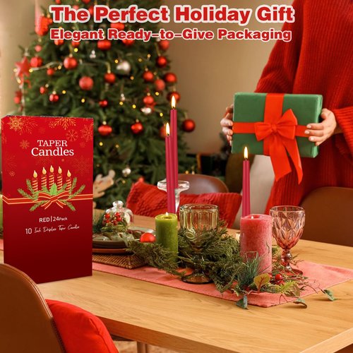 Red Taper Candles 24 Pack, 10 Inch Unscented Holiday Dinner Candles for Valentine's Day Table Decor, Wedding Centerpieces, Long-Lasting 7-8 Hour Burn Time, Premium Wax