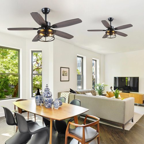 Dannilong Farmhouse Ceiling Fan with Light and Remote 52" Rustic Flush Mount Ceiling Fans 5 Dual Finish Blades Carnegie Industrial Fandelier for Living room Bedroom Patio E26