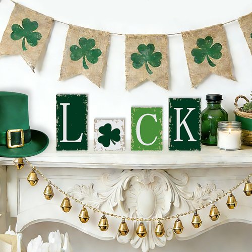 4PCS Valentine's Day Tiered Tray Decor Rustic Valentines and St. Patrick's Love Luck Wooden Blocks Signs for Home Mantel Office Shelf Decor (Colorful)