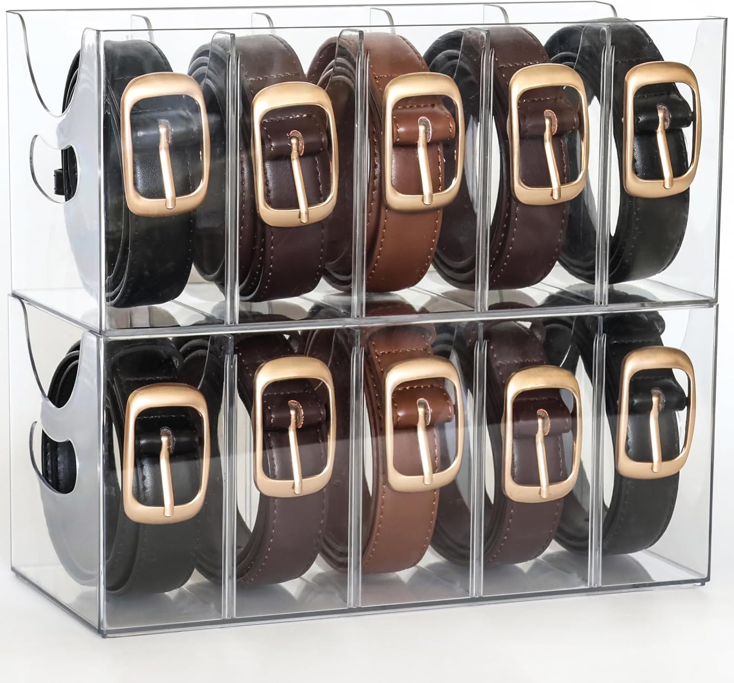 Skiennix Belt Organizer - 2 Pack Clear Stackable Storage Bins | 5 Compartments with Removable Dividers for Closet & Drawer