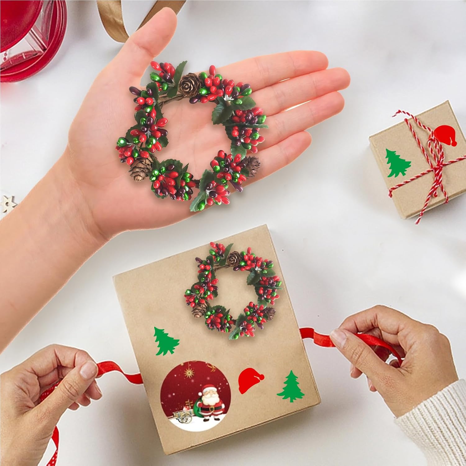 Skiennix Mini Christmas Candle Rings - Red Berry Pinecones & Artificial Berries | Perfect for Holiday Decor