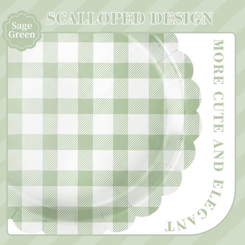 175 PCS Sage Green Gingham Party Supplies Includes Green Gingham Paper Plates, Cups, Napkins, Cutlery for Wedding Bridal Shower Birthday Baby Shower Party Decorations, Serves 25