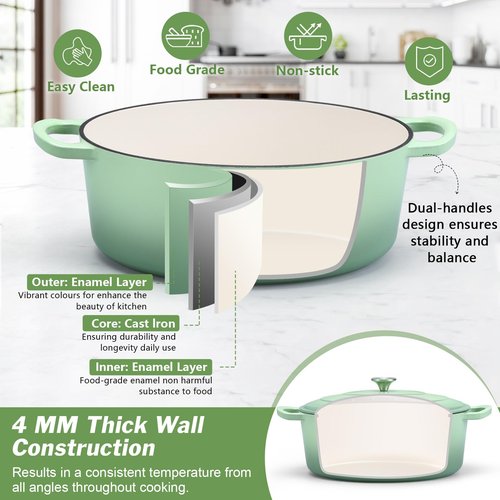 P&P CHEF Oval Dutch Oven with Lid, Enameled Cast Dutch Oven Pot for Bread Baking, Braising, Stewing, Roasting, Non-Stick & Oven Safe, Dual Handles & Easy Clean, 5QT & Pistachio Green, Valentine's Day