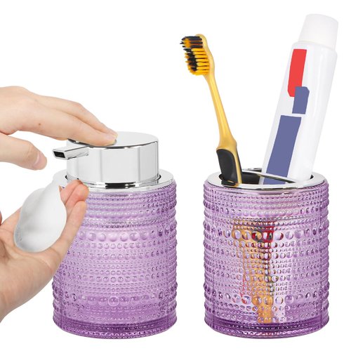 Tonxus Purple Bathroom Accessory Set, Glass Foam Soap Dispenser and Toothbrush Holder Set, Bathroom Soap and Toothbrush Holder Set, Glass Foaming Hand Soap Dispenser for Countertop Decor