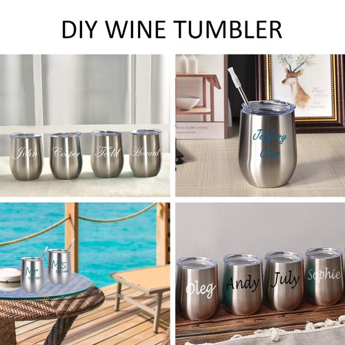 12 Pack Stainless Steel Wine Tumblers, 12Oz Double Wall Vacuum Insulated Wine Tumblers with Lids and Straws, Stainless Steel Stemless Wine Glasses for Coffee, Wine, Cocktails, Champaign, Silver