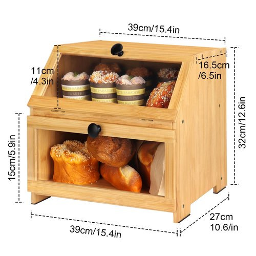 Bamboo Bread Box for Kitchen Countertop, Large Bread Storage Container Bin 2 Layer Breadbox Holder for Kitchen Counter, Cabinet, Pantry, Cupboard (Natural)
