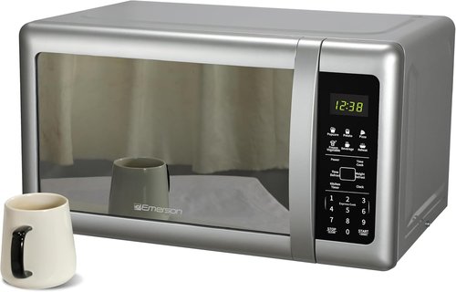 Emerson MW7601SL Countertop Microwave Oven - Sleek Mirrored Finish, 700W, 0.7 Cu. Ft., Child Safe Lock