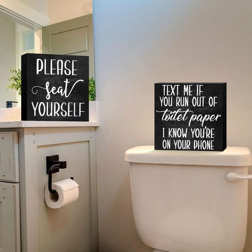 Jetec Farmhouse Bathroom Signs - Rustic Wooden Plaque Decor | Funny "Please Seat Yourself" Wall Art (Set of 2)