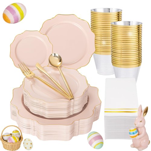 WDF 175Pcs Pink Plastic Plates - Pink and Gold Plates Disposable 25guest Plastic Dinnerware Ideal for Easter/Bridal Shower/Wedding/Baby Shower/Spring
