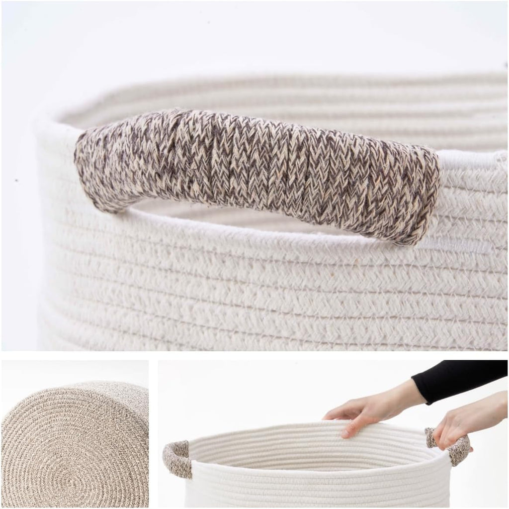 Skiennix Woven Round Rope Storage Basket - Stylish Blanket & Toy Organizer (16"Wx14"H) - White & Brown