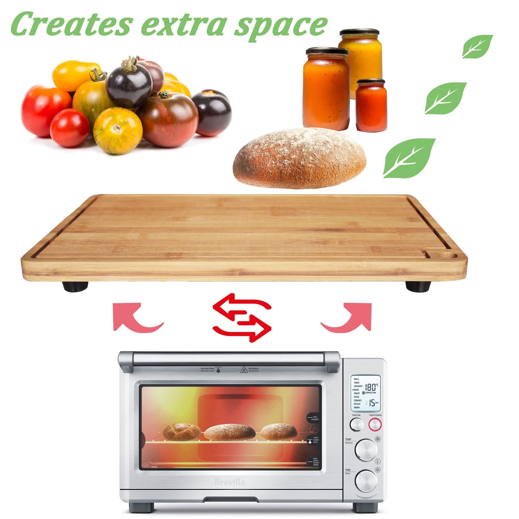 Bamboo Wood Cutting Board Compatible with Breville BOV800XL 860BSS 845BSS, Protects Smart Toaster Oven, With Heat Resistant Silicone Feet and Oven Rack Push Accessories, Creates Storage Space