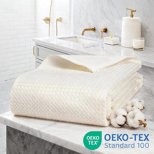 Zemyovia Waterproof No Hooks Waffle Shower Curtain, 260GSM Heavy Duty Fabric, with 10 Durable Split Grommets, Luxury Hotel Spa Style for Bathroom, Machine Washable, 74 x 72 Standard Size, Cream