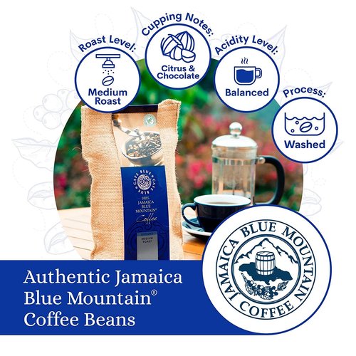 Cafe Blue – 100% Authentic Jamaica Blue Mountain Coffee from Clifton Mount Estate, Medium Roast Whole Bean, Premium Arabica Beans, Bag of 16 Ounces (1 Pound, 454 Grams)