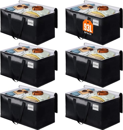 BlissTotes Collapsible Moving Bags - Heavy-Duty Storage Totes with Zippers & Handles | 93L, 6-Pack, Black