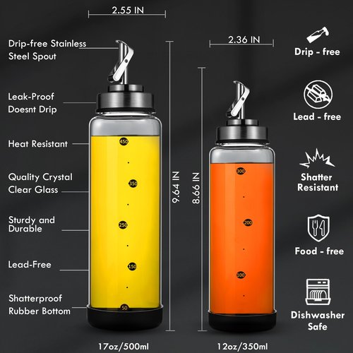 BENEBYR Glass Olive Oil Dispenser Bottle for Kitchen Shatterproof & Leakproof Cooking Oil Dispenser with Stainless Steel Spout & Rubber Bottom 17 oz Heat Resistant Olive Oil Bottle